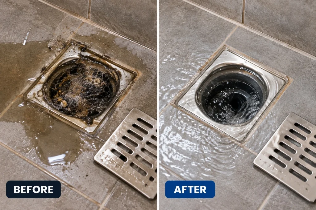 Before and after professional drain cleaning and hair clog removal in Salt Lake City