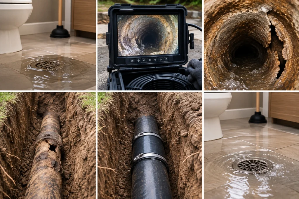 Before and after main sewer line excavation and pipe repair in Salt Lake City