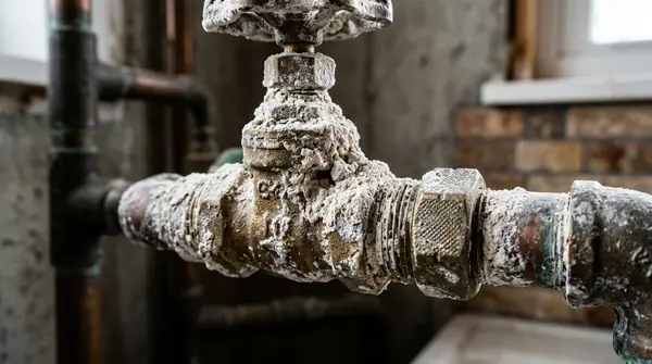 Hard water mineral scale buildup inside water heater heating elements