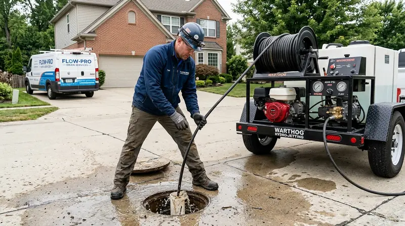 Motorized drain snaking auger clearing residential sewer line access point