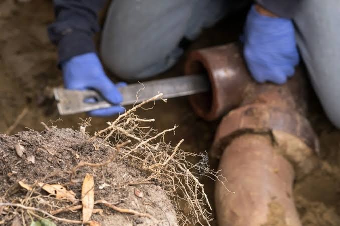 Plumbing technician extracting and cutting tree root intrusion from underground sewer pipe in Salt Lake City
